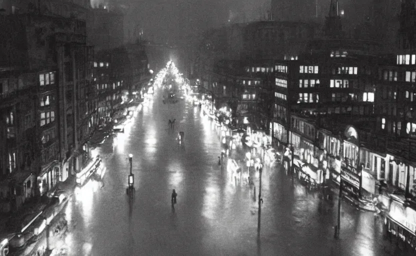 Image similar to 40s historic footage of a sovietic street with pedestrians, aerial view , aerial view Cinestill 800t 18mm, heavy grainy picture, very detailed, high quality, 4k panoramic, billboards and streetlight at night, rain, mud, foggy