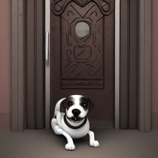 Prompt: dog staying on bottom legs near door with gate value, concept art, trending on artstation, highly detailed, intricate, sharp focus, digital art, 8 k