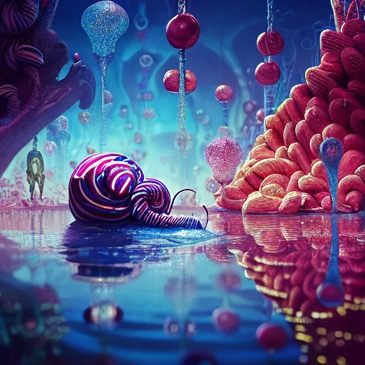 Image similar to macro, candy creature in candyland, water reflection, night, backlit, warm tones, bioluminescent : by michal karcz, daniel merriam, victo ngai and guillermo del toro : ornate, dynamic, particulate, intricate, elegant, highly detailed, centered, artstation, smooth, sharp focus, octane render