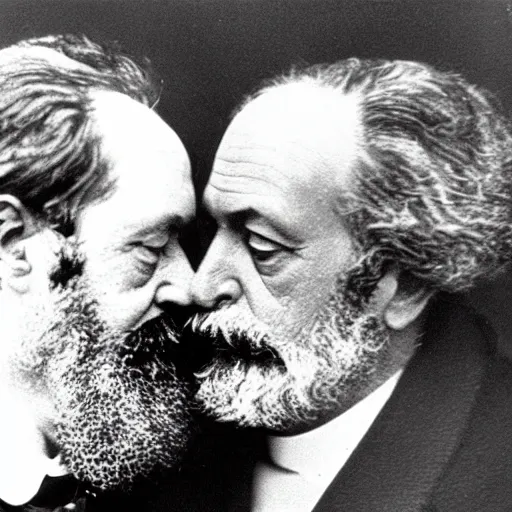 Image similar to Karl Marx and Sigmund Freud hugging and kissing, 1920, Bedroom backround