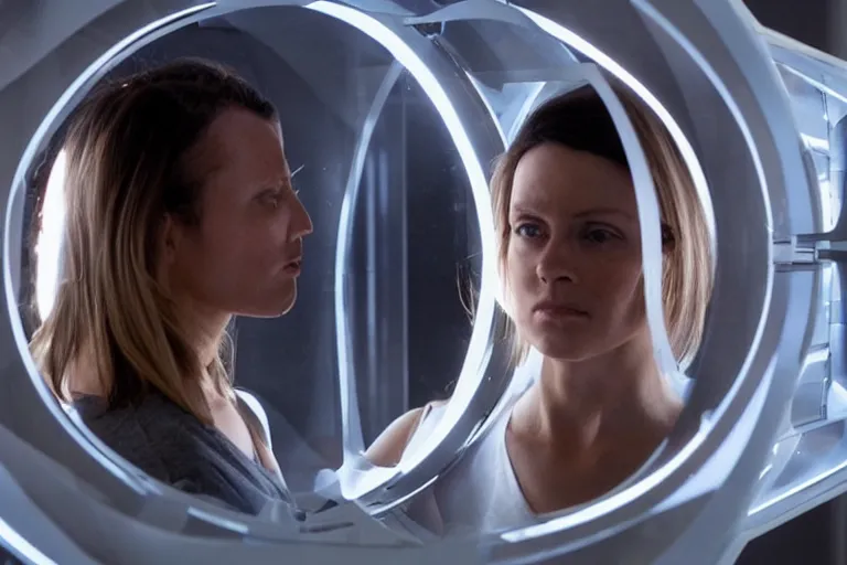 Image similar to movie closeup polar opposites, couple, researchers in a futuristic lab building inter dimensional portal machine, beautiful skin, Symmetrical faces. Beautiful lighting by Emmanuel Lubezki