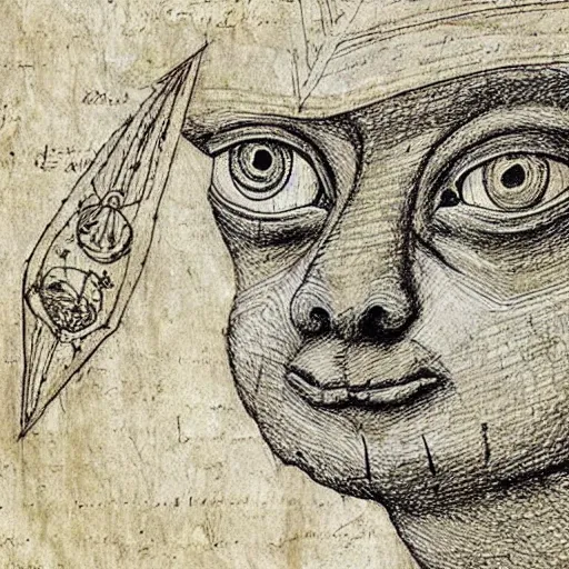 Image similar to ancient information about pepe drawn by leonardo davinci in papyrus paper, sketch, detailed, hyper realistic