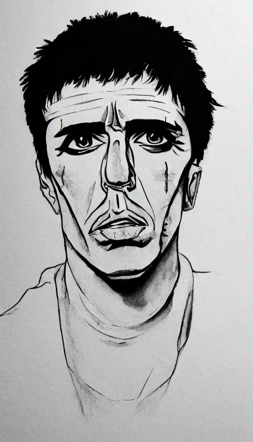 Image similar to close up. perfect symmetric face, coherent symmetric eyes. detailed face. tony montana from movie scarface. ink paint