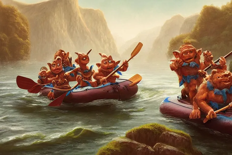 Image similar to a group of goblins paddling on a raft in a norwegian fjord by justin gerard by tyler edlin