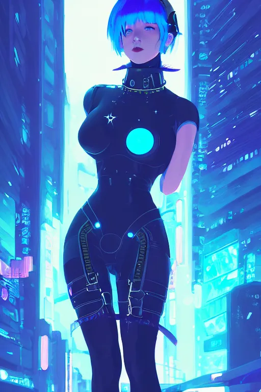 Image similar to digital illustration portrait of cyberpunk pretty cosmic girl galaxy armor with blue hair, wearing dominatrix outfit, in city street at night, by makoto shinkai, ilya kuvshinov, lois van baarle, rossdraws, basquiat