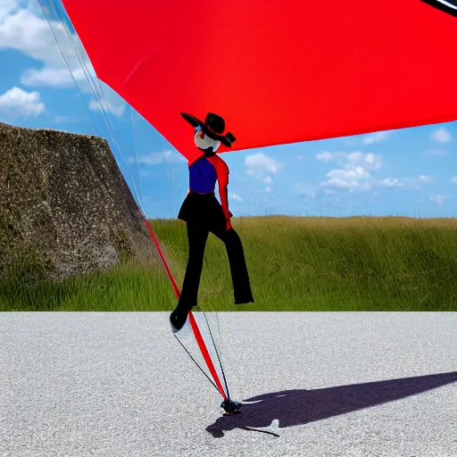 Image similar to mary poppins holding a mattress freeride kite naish pivot s 2 6 kite being blown to the sky by the strong wind. 3 d octane render