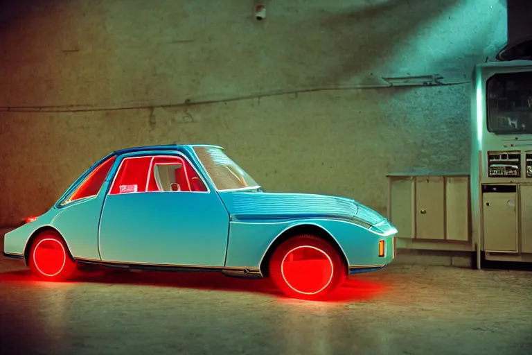 Image similar to stylized poser of a single 1973 Citroen F1, thick neon lights, ektachrome photograph, volumetric lighting, f8 aperture, cinematic Eastman 5384 film