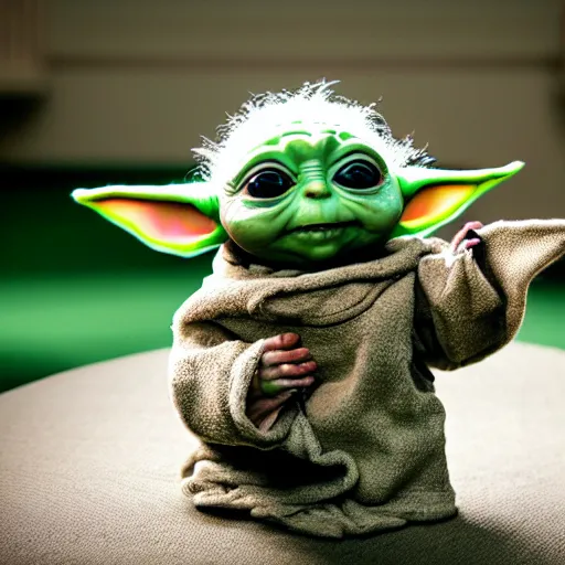 Image similar to cute baby yoda muppet, intricate detail, beautiful aesthetic, photorealistic, award winning professional cinematic composition, dramatic lighting, 8 k