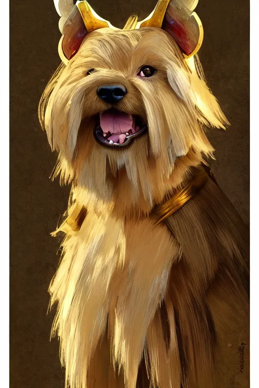 Prompt: norwich terrier as an Viking vwarrior, fantasy, long hair, intricate, elegant, highly detailed, digital painting, artstation, concept art, smooth, sharp focus, illustration, art by alphonse mucha