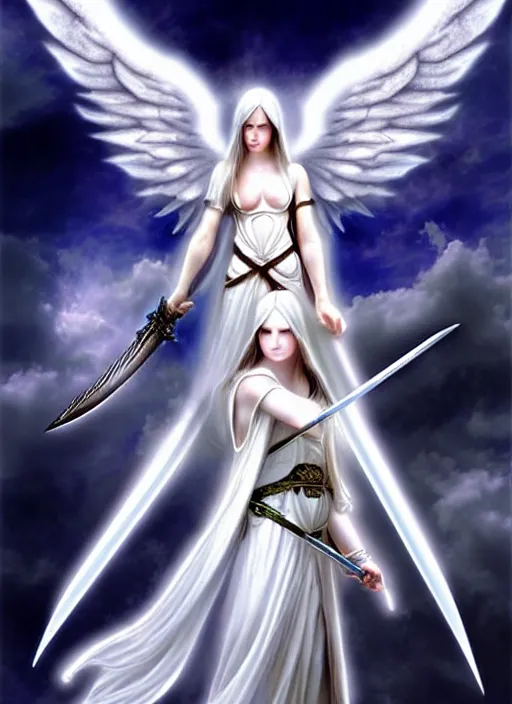 Prompt: a white angel holding a sword and a sword, digital art by artgem, Anne Stokes, deviantart, fantasy art, angelic photograph, wiccan, deviantart