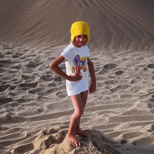 Prompt: kid standing on top of a 1 0 meter high sand tower