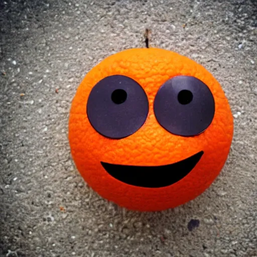 Image similar to an orange with eyes and mouth, making a weird face