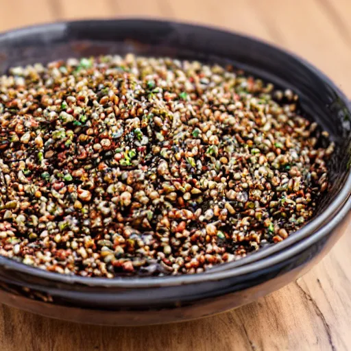 Image similar to a delicious bowl of earthworms sprinkled with birdseed, food photography