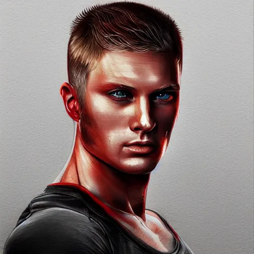 Prompt: A man woman who looks like a mixture between Alexander Ludwig, Jensen Ackles and young Michael Biehn, wearing red tank top, scifi, highly detailed portrait, digital painting, artstation, concept art, smooth, sharp foccus ilustration, Artstation HQ.