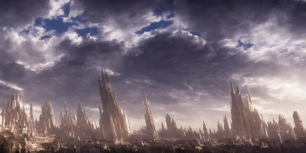 Image similar to majestic futuristic elf city made of white stone and gold, epic scale, dramatic buildings, dramatic clouds, cinematic sky, sunrise, 8 k, unreal engine 5