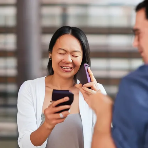 Image similar to man chuckling at his smartphone, woman sighing with frustration