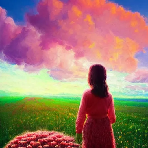 Image similar to head made of carnations flower, girl standing in a vast flower field, surreal photography, sunrise dramatic light, impressionist painting, colorful clouds, large sky, digital painting, artstation, simon stalenhag, flower face