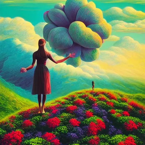 Prompt: giant flower head, frontal, woman standing on mountain, surreal photography, mist below, colorful clouds, impressionist painting, digital painting, artstation, rob gonsalves