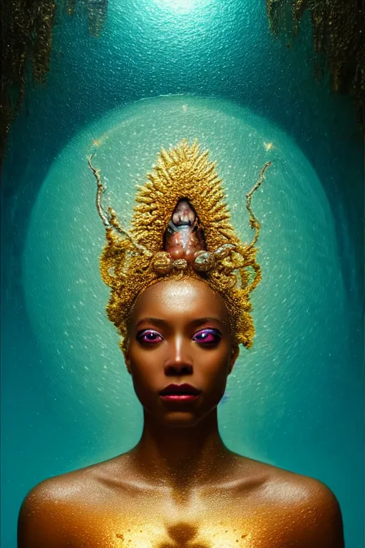 Image similar to hyperrealistic post - symbolist cinematic very beautiful! oshun goddess with white eyes, yoruba body paint, dripping mirror droplet armor, gold flowers, highly detailed digital art masterpiece, smooth etienne sandorfi eric zener dramatic pearlescent soft teal light, ground angle uhd 8 k, sharp focus