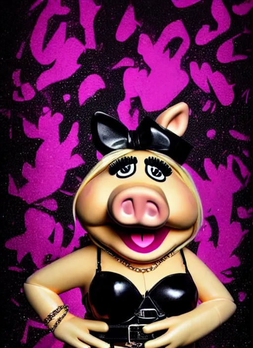 Prompt: full body digital artwork of miss piggy, wearing black iridescent rainbow latex bra, 4 k, expressive happy smug expression, makeup, in style of mark arian, wearing detailed black leather collar, wearing chains, black leather harness, leather cuffs around wrists, detailed face and eyes,