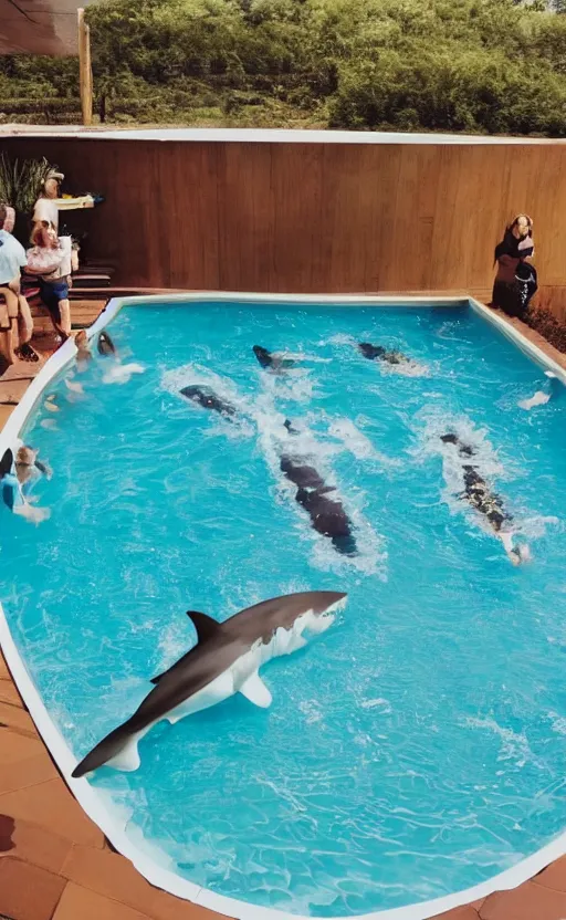 Image similar to a family swimming pool at a spa, in the water is a shark trying to attack the people