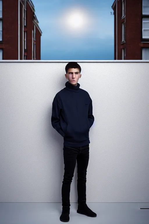 Image similar to un ultra high definition studio quality photographic art portrait of a young man standing on the rooftop of a british apartment building wearing soft padded silver pearlescent clothing. three point light. extremely detailed. golden ratio, ray tracing, volumetric light, shallow depth of field. set dressed.