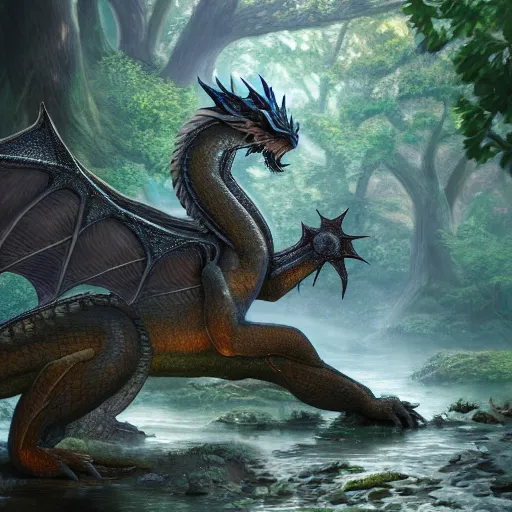 Image similar to a peaceful dragon idly standing in a forest, peacefully drinking river water, intricately defined, complexly detailed, robustly ordinated, artist concept art, artist interpretation, trending on artstation, digital art, 4 k quality