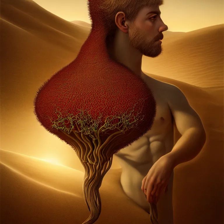 Image similar to carnivorous plant, young white man, in desert, dune, baroque portrait painting, beautiful detailed intricate insanely detailed octane render trending on Artstation, 8K artistic photography, photorealistic, chiaroscuro, Raphael, Caravaggio