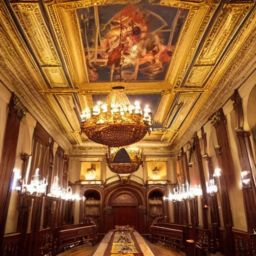 Prompt: ornate dining hall, secret society, illuminati, chandelier, massive, beautiful, ominous, painting on the ceiling