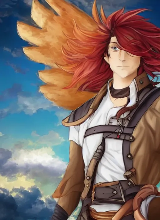 Prompt: An epic fantasy pokemon anime style portrait of a long haired, red headed male sky-pirate in front of an airship