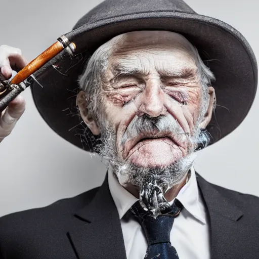 Image similar to Studio photo close up of an old man wearing a suit and smoking a pipe, battered by life, 4k HDR, sigma 85mm f/1.4, atmospheric lighting