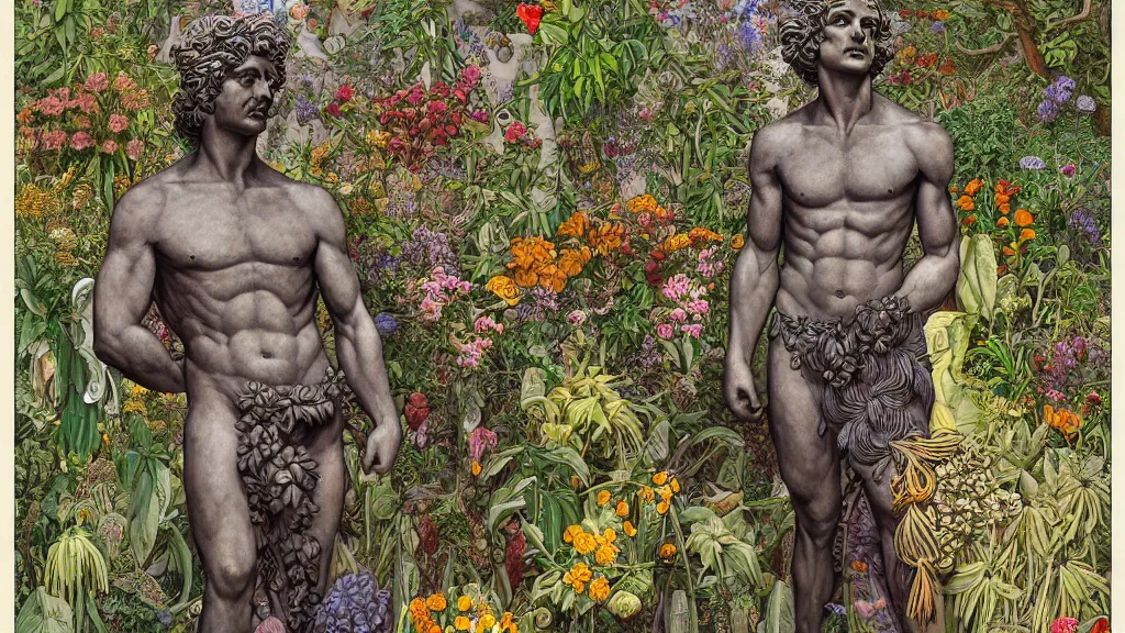 Image similar to highly detailed illustration of a greek statue of a man surrounded by all the known species of plants and flowers by juan gatti!, by moebius!, by oliver vernon!