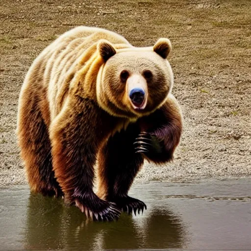 Image similar to a bear standing on two legs. The bear has a head of an owl, 8k, ultrarealistic, professional photography