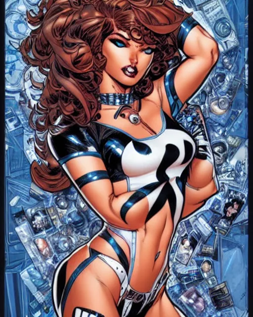 Image similar to j. scott campbell and sandra chevrier comic cover art, full body cute young lady, symmetrical eyes, bangs, rim lighting, vivid colors