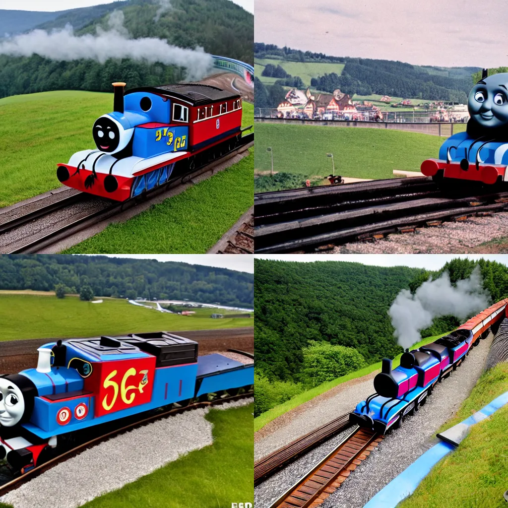 Prompt: Thomas the Tank Engine at the nurburgring nordschleife setting a hot lap