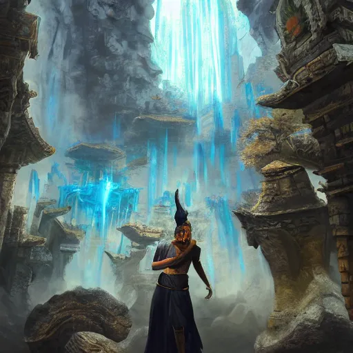 Image similar to mage monk in lost temple, unreal engine, digital, artstation, detailed illustration, heavenly atmosphere, digital art, overdetailed art, concept art, complementing colors, trending on artstation, cgstudio, the most beautiful image ever created, dramatic, subtle, details, award winning artwork, beautiful scenery