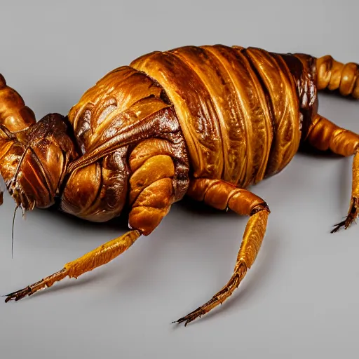 Prompt: a weta made out of croissant, on a mannequin. high quality, high resolution, studio lighting