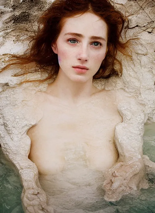 Image similar to Kodak Portra 400, 8K, soft light, volumetric lighting, highly detailed, britt marling style 3/4 ,portrait photo Close-up portrait photography of a beautiful woman how pre-Raphaelites, the face emerges from Pamukkale, thermal waters flowing down white travertine terraces, inspired by Ophelia paint ,and hair are intricate with highly detailed realistic beautiful flowers , Realistic, Refined, Highly Detailed, interstellar outdoor soft pastel lighting colors scheme, outdoor fine art photography, Hyper realistic, photo realistic