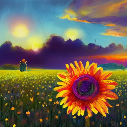 Image similar to giant daisy flower as head, girl sitting in a flower field, surreal photography, sunrise, dramatic light, impressionist painting, colorful clouds, digital painting, artstation, simon stalenhag