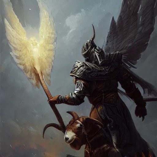 Prompt: archangel tyrael carrying weighted scale and riding a goat, oil painting, tooth wu, greg rutkowski, rpg, dynamic lighting, fantasy art, high contrast, depth of field