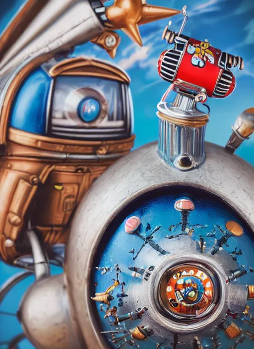 Image similar to closeup of a tin toy retro rocket spaceship, depth of field, zeiss lens, detailed, symmetrical, centered, fashion photoshoot, by nicoletta ceccoli, mark ryden, lostfish, earl nore, hyung tae, frank frazetta, breathtaking, 8 k resolution, extremely detailed, beautiful, establishing shot, artistic, hyperrealistic, octane render