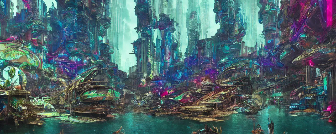 Prompt: dichroic ultra realistic illustration of beautiful ruination futuristic cyberpunk flooded kowloon, epic composition, accidental baroque golden ratio, by roger dean graffiti art, scifi, fantasy, hyper detailed. concept sketch. concept art. trending on artstation