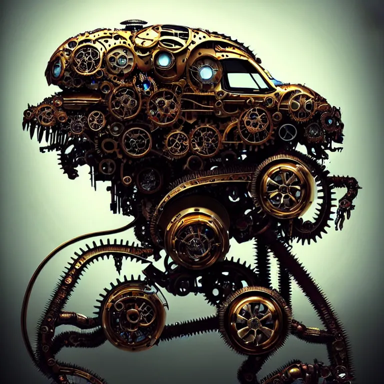 Image similar to biomechanical shiny steampunk vehicle reminiscent of very fast sportscar with robotic parts and (glowing) lights parked in ancient lush palace, gothic and baroque, brutalist architecture, ultradetailed, creepy ambiance, fog, artgerm, giger, Intricate by Ellen Jewett and Josan Gonzalez and Giuseppe Arcimboldo