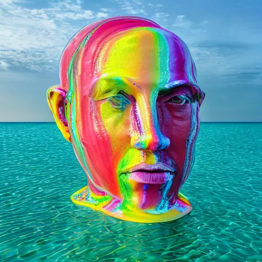 Image similar to a giant human head sculpture in the sea made out of juicy and transparent colorful jelly, long shot, hyper detailed, hyper realistic, ray tracing, 8 k resolution, sharp focus, realistic water, award winning