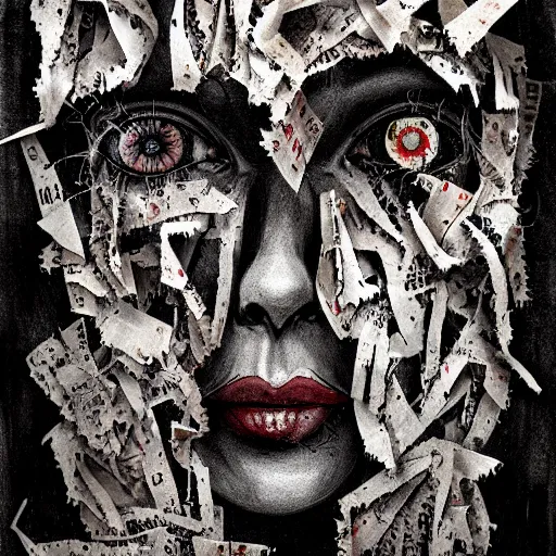 Image similar to multiple faces shredded like paper news scared, dark horror, surreal, drawing, painting,