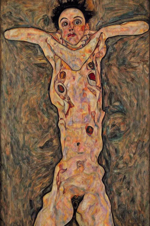 Image similar to a full body character with lifted arms in style of egon schiele, masterpiece, hyperdetailed, complex, intricate, veiled, 4 k, dynamic!!