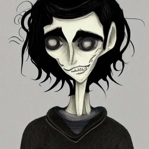 Image similar to young man portrait, black hair, skinny, sleep deprived, corpse bride art style