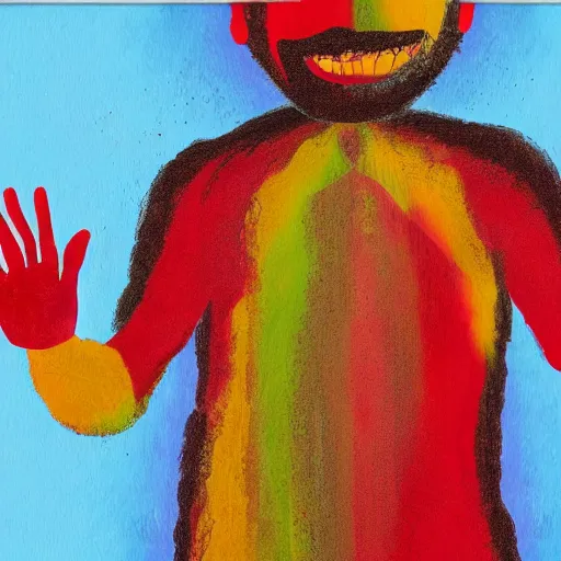 Prompt: colorful abstract painting of maniac bald man with brown beard stretching face with hands