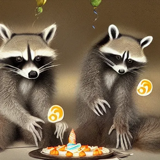 Image similar to three racoons having a cool birthday party, photo, highly detailed