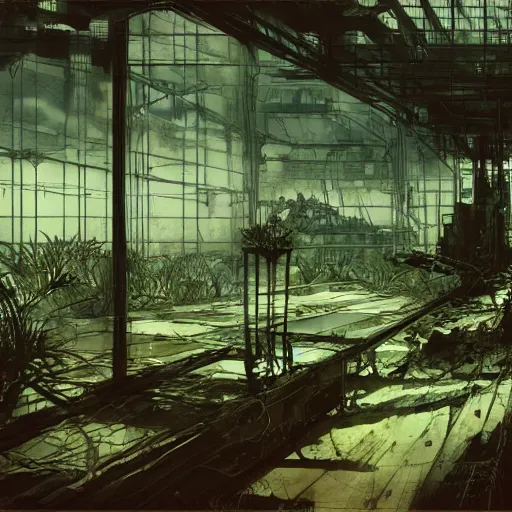 Image similar to future greenhouse building, conceept art, architecture, pen and ink, by john harris, emil melmoth, craig mullins, yoji shinkawa, artstation, moebius comic, marc simonetti, lan mcque, kentaro miura, cinematic